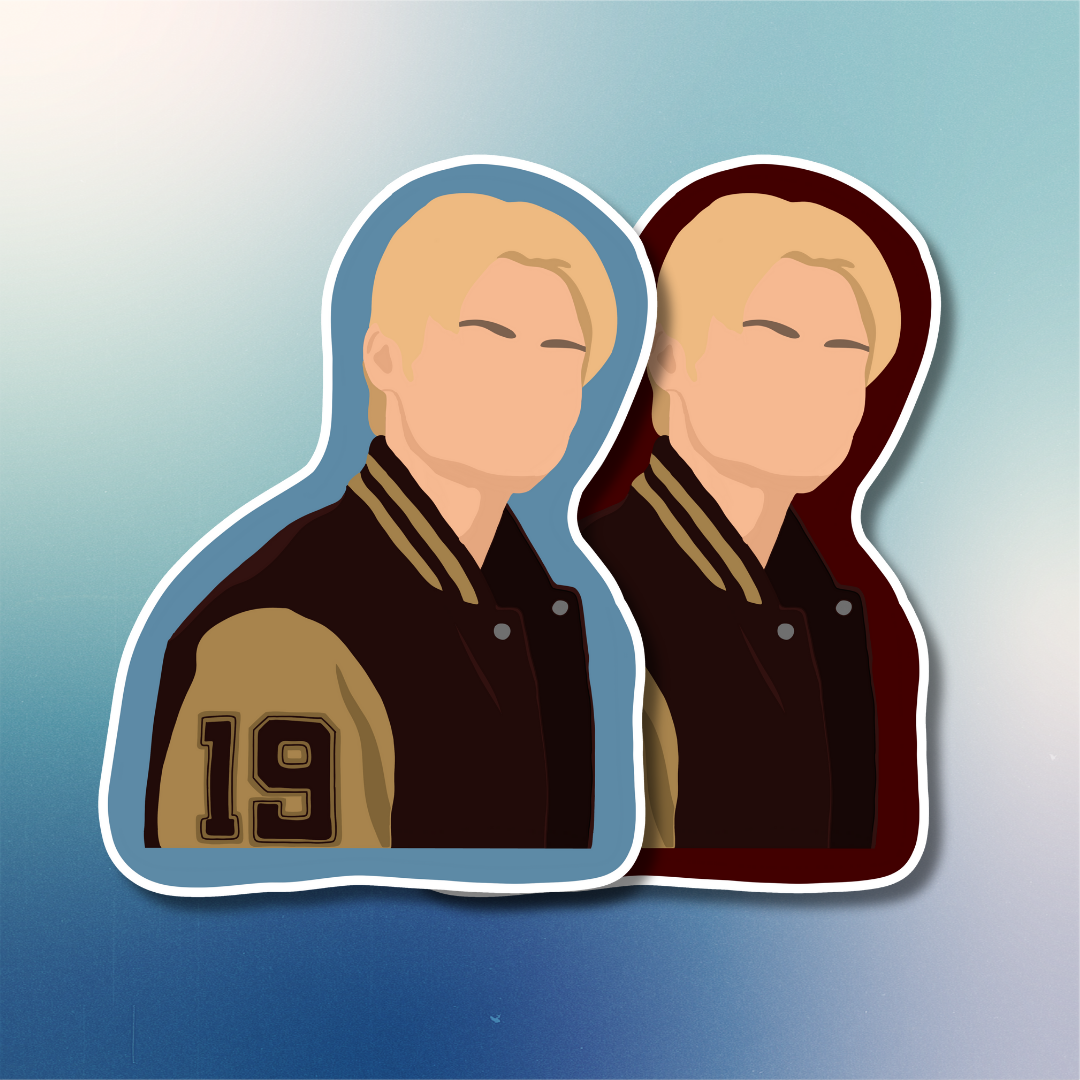 Two identical cutout figures of a person wearing a jacket with the number 19 on a blue gradient background.