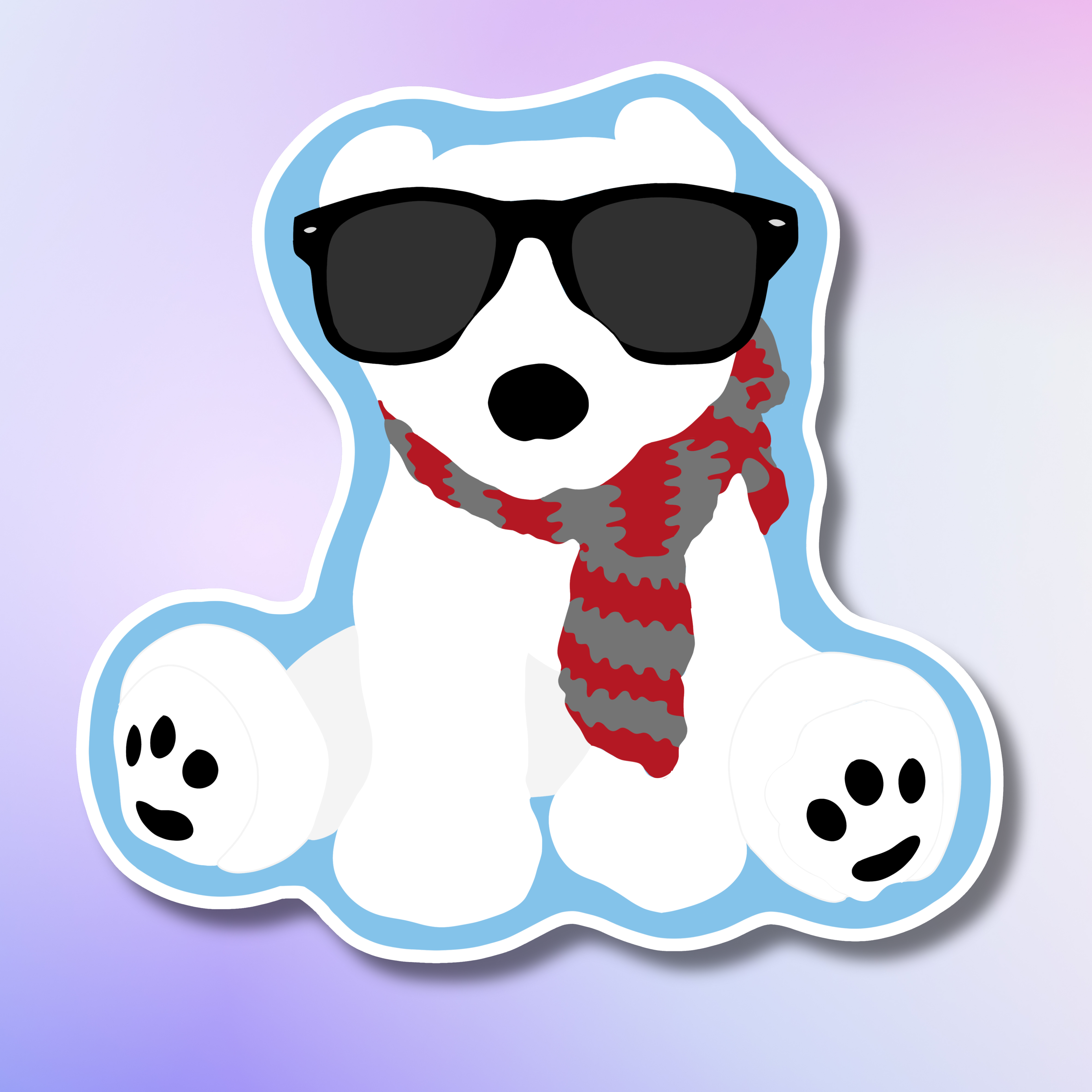 Cartoon polar bear with sunglasses and a scarf on a light purple background
