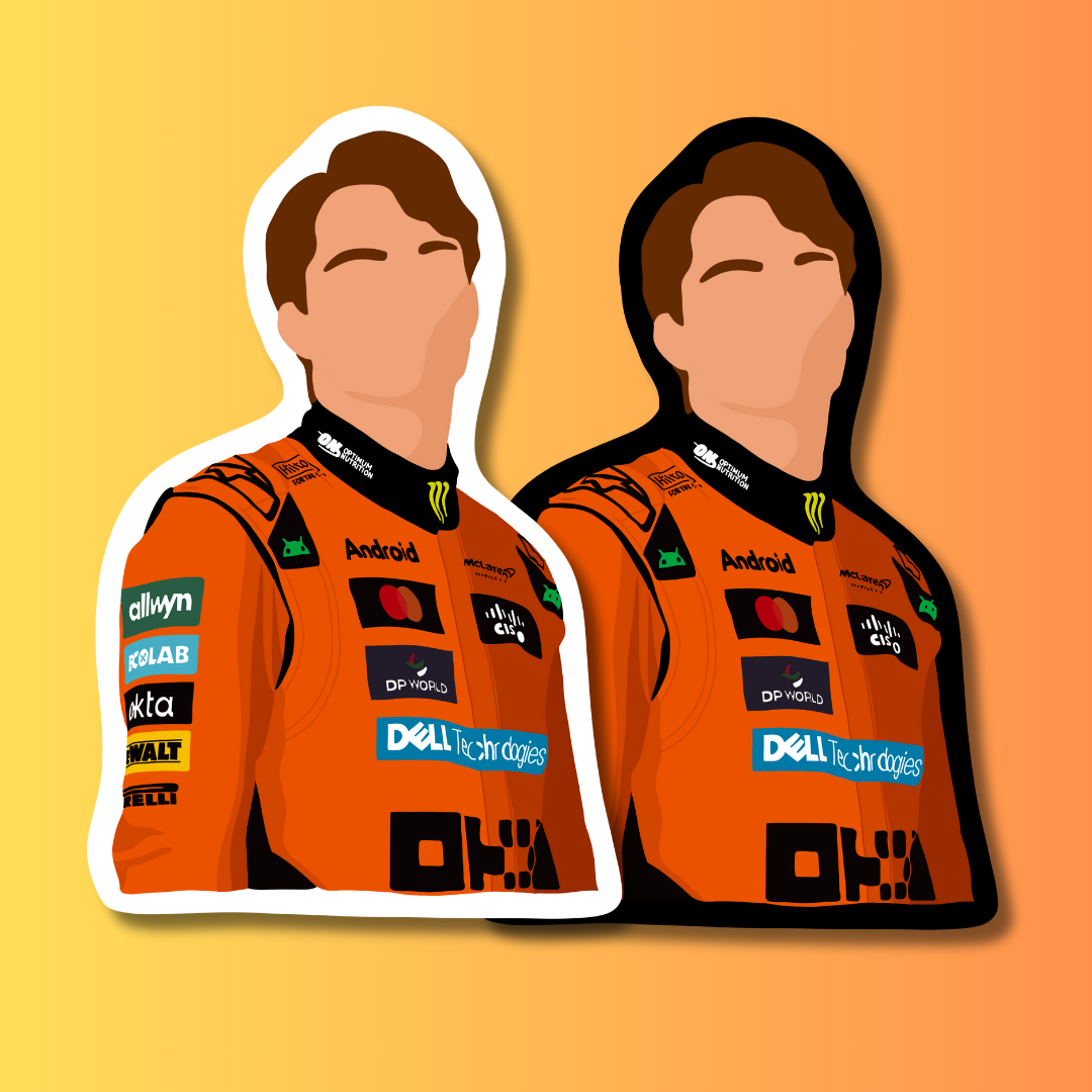 Illustration of a person wearing an orange racing suit with various sponsor logos on a gradient background.