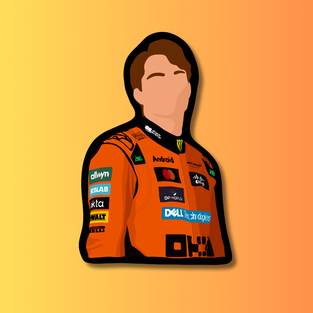 Illustration of a person wearing an orange racing suit with various sponsor logos on a gradient background