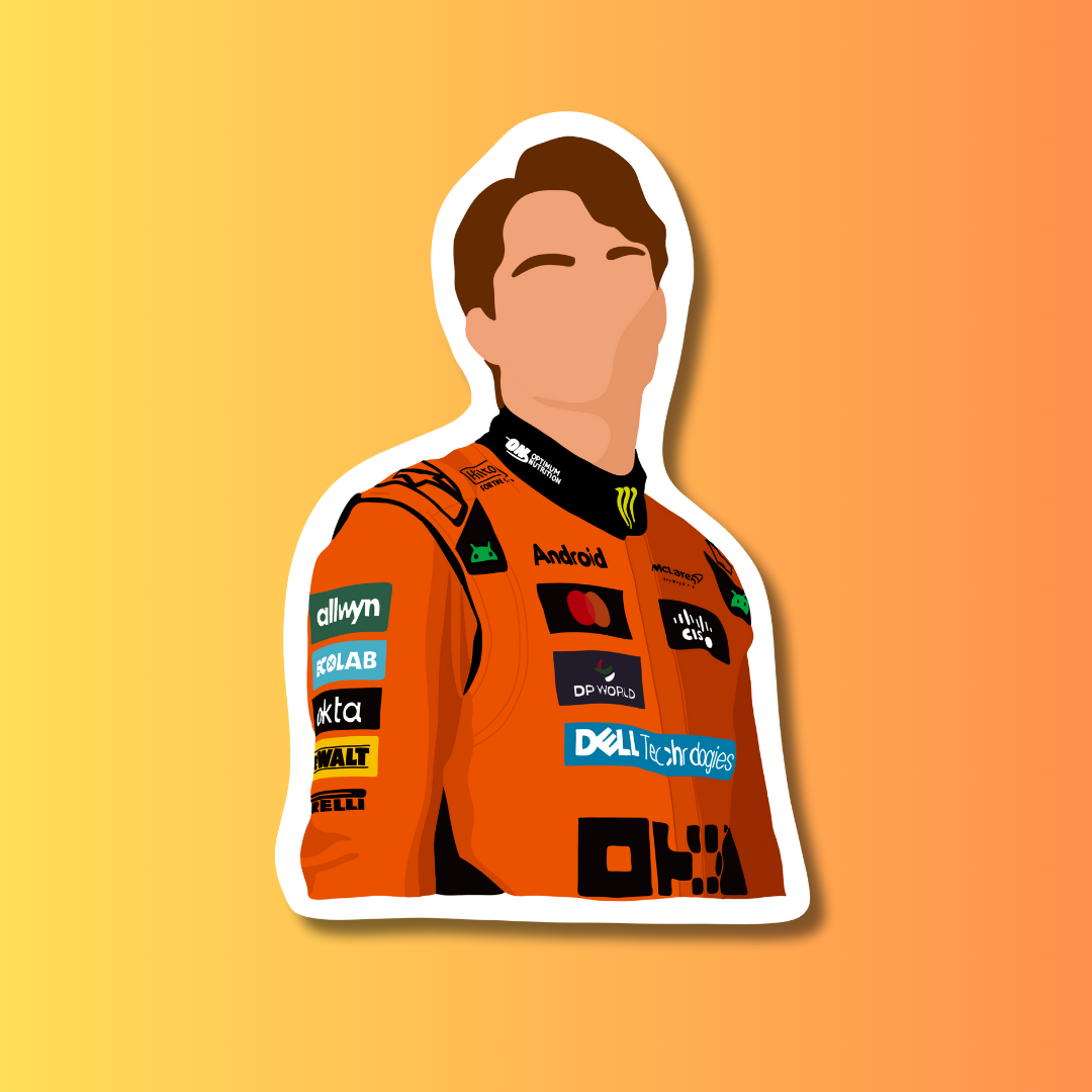 Illustration of a person wearing an orange racing suit with various sponsor logos on a gradient yellow to orange background.