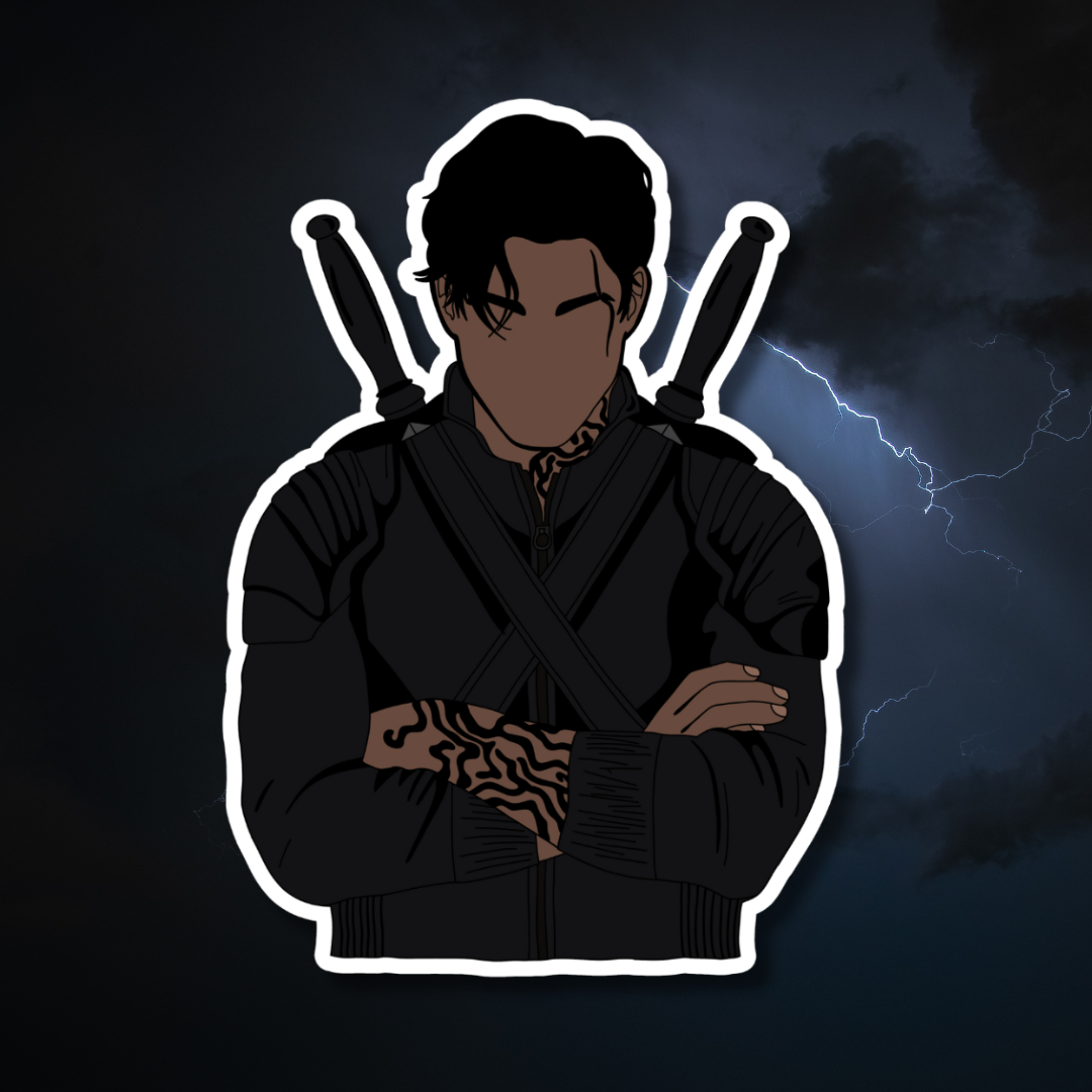 Illustration of a character in a dark outfit with crossed arms against a stormy background